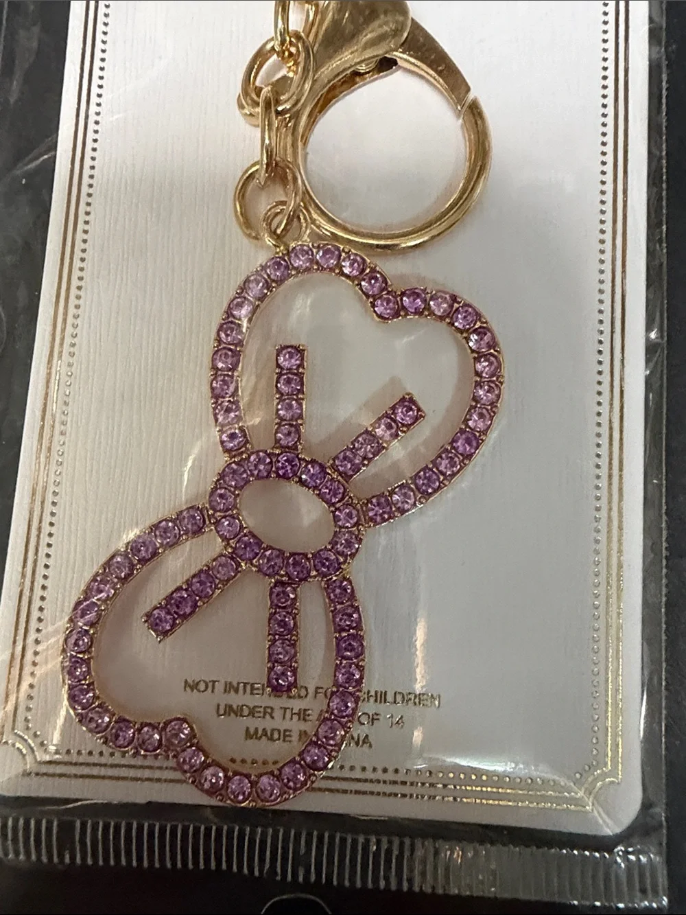 Gold Keyring with Pink Crystal Bow Charm